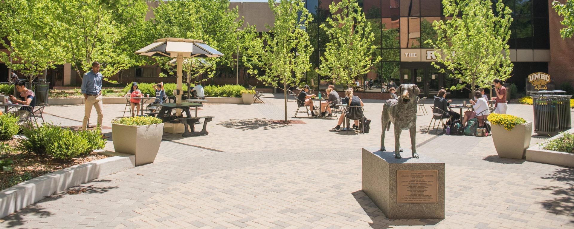 outside photo of tables in front of building