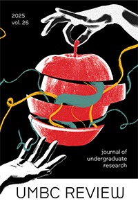 The cover for the UMBC Review depicts a red apple being peeled with two hands, one above and one below the apple