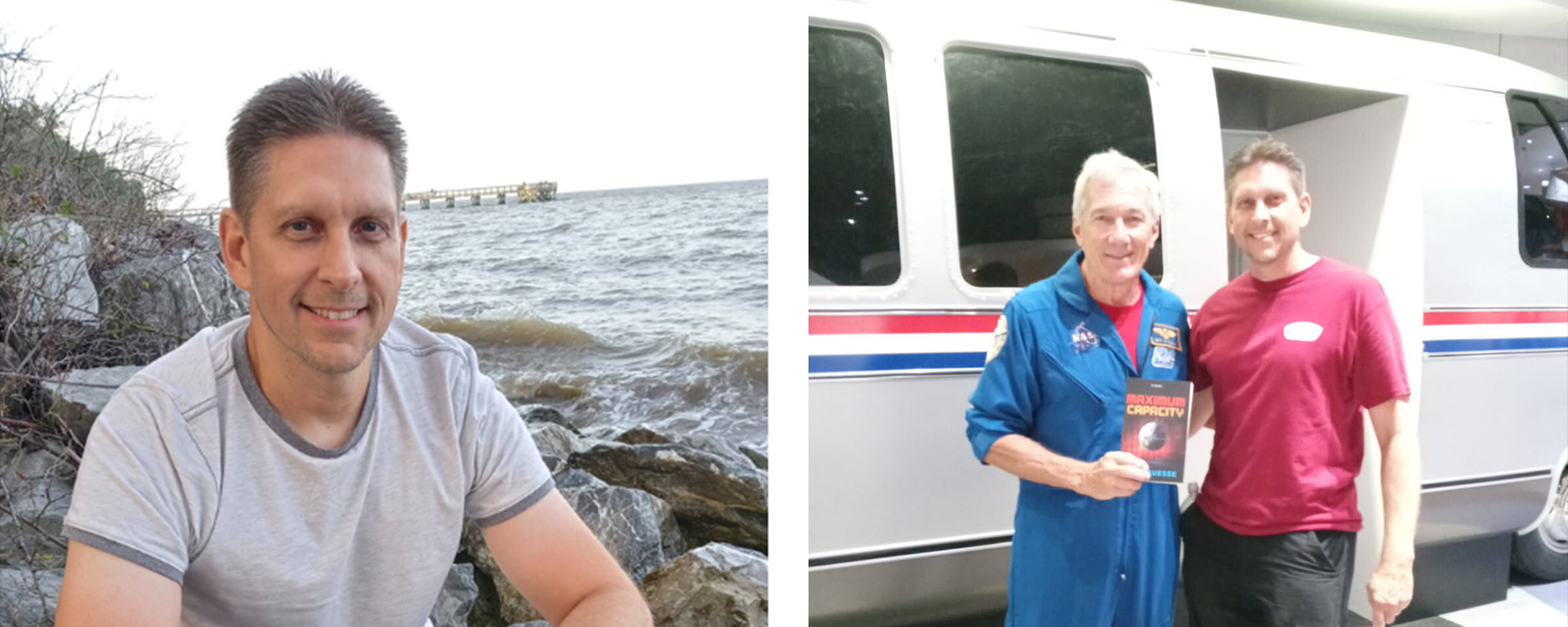 Troy Suesse ’92 on the left. Troy Suesse ‘92 with former NASA astronaut, Terrence Wilcutt, who signed a copy of MAXIMUM CAPACITY on the right.