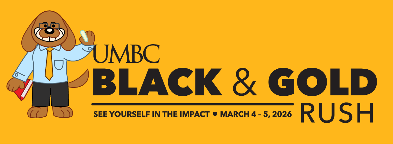 UMBC Black & Gold Rush animated images of U.M.B.C. mascot retriever dog