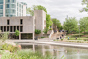 UMBC Library and Library Pond in springtime
