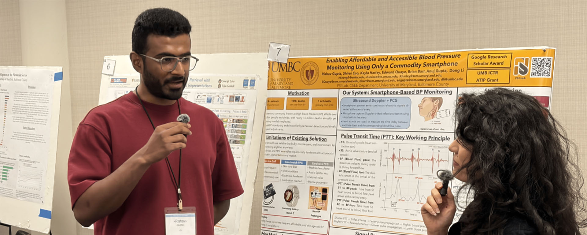 Rishav Gupta at UMBC COEIT Research Day 2026 in front of his poster, "Enabling Affordable and Accessible Blood Pressure Monitoring Using Only a Commodity Smartphone."